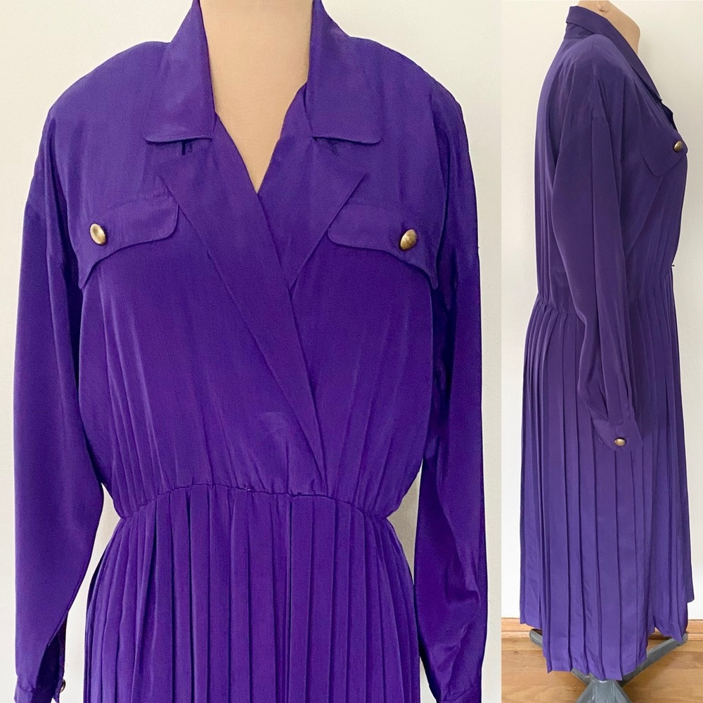 Vintage 80s MS CHAUS Pleated Dress *Size 12* Silky Purple Shirtwaist Midi Dress